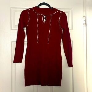 Red Studded Bodycon Sweater Dress
